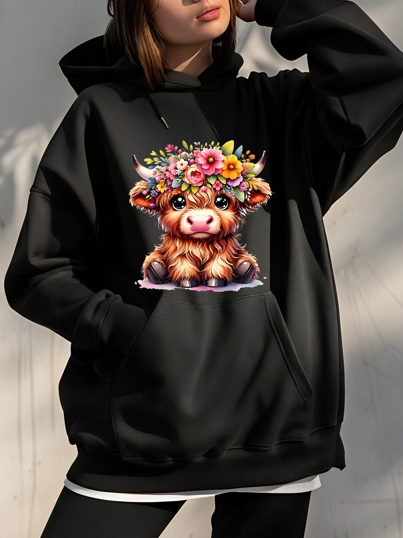 

Cute Cow Floral Print Hoodie Women's Casual Streetwear Fashion Sweatshirt for Spring Autumn Outfits