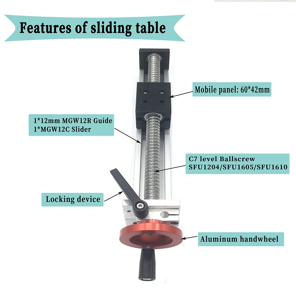 Imagem -04 - Deslizante Manual Tabela Slider Eficaz Curso Ballsscrew Sfu1204 1605 1610 Xyz Axis Cnc Single Line Rail Guide Mgw12c 501200 mm