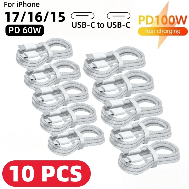 

10PCS USB C Cable to USB C 100W Fast Charging Charger Cable Supports Fast Charging For iPhone 16 15 Samsung Xiaomi Huawei etc