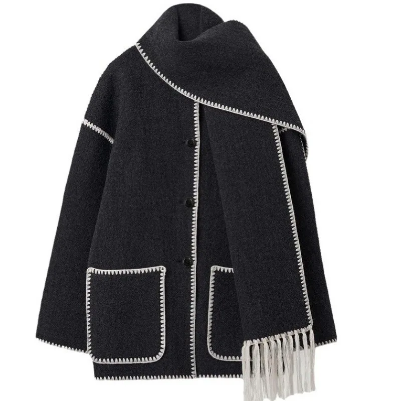 

women coat 2023 autumn and winter new woolen coat thickened loose scarf tassel women trench coats wool coat