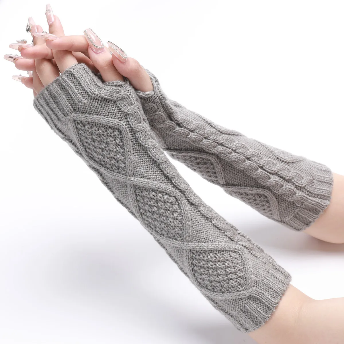 Unisex Arm Warmer Womens Winter Autumn Crochet Arm Sleeve Girls Geometric Knit Mitten Thumb Hole Fingerless Glove Wrist Warmer