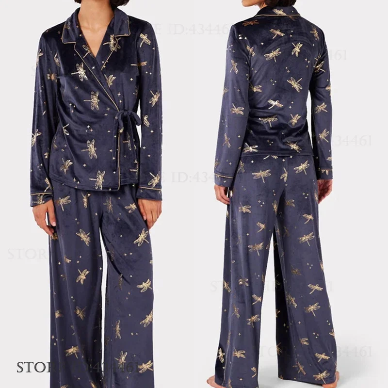 Autumn Velvet 2Pcs Pajamas Set Loungewear Fashion Long Sleeve Trouser Suits Pijamas Set Loose Casual Velvet Loungewear Homewear