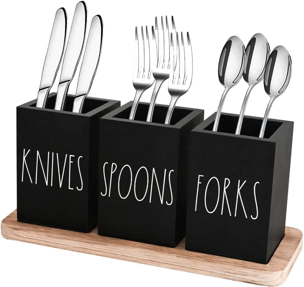 

Farmhouse Silverware Holder, Rustic Wood Silverware Caddy with Tray, Spoon Fork Knives Flatware