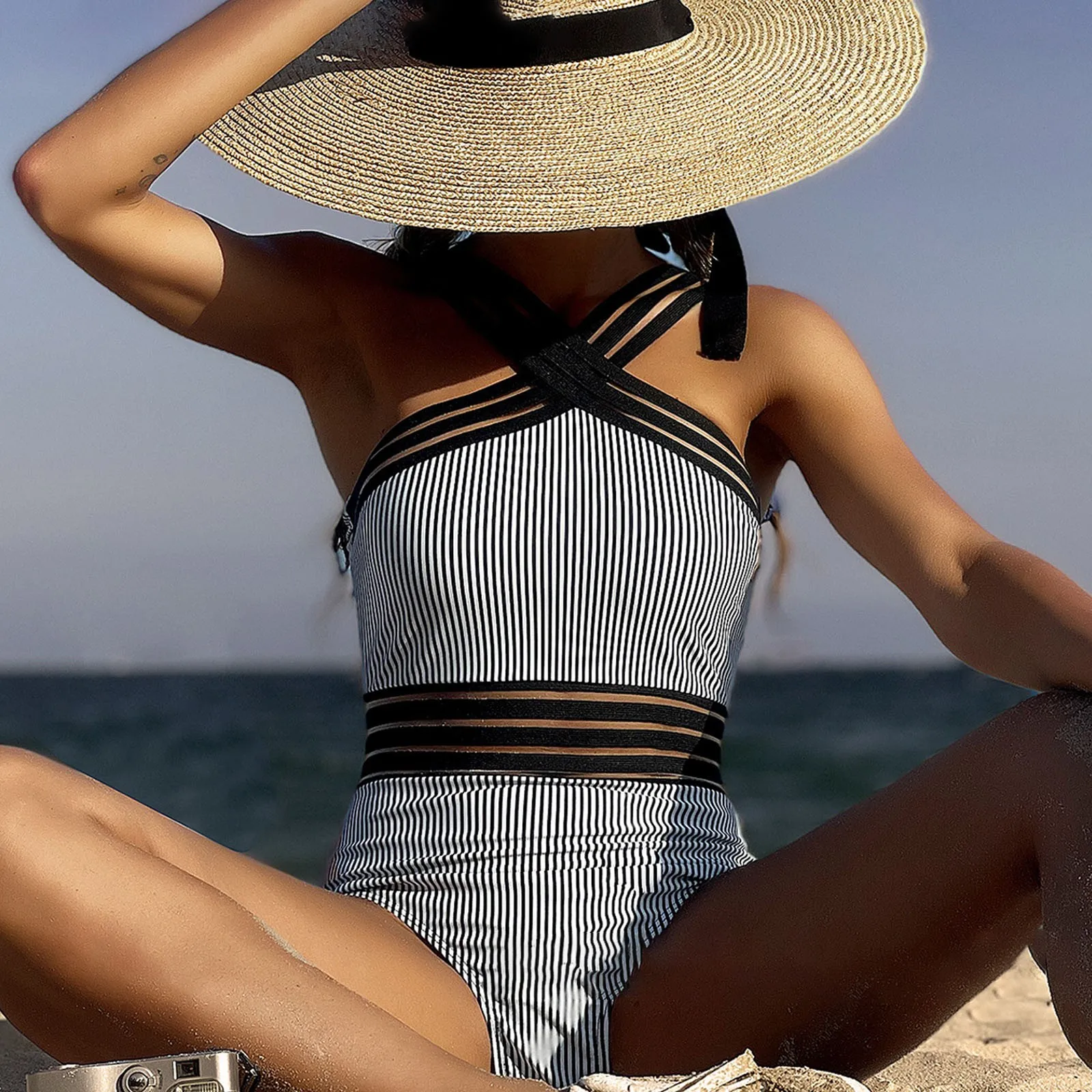 Sexy Striped Fashion Cutout Swimsuit Women's Bikini Swimwear Swimwears Solid Swimsuit Monokini Sports