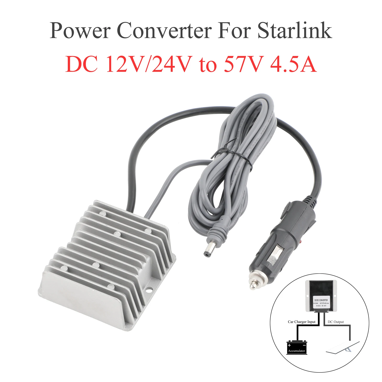 For Starlink Gen3 12/24V to 57V 4.5A DC power converter car charger to DC male plug