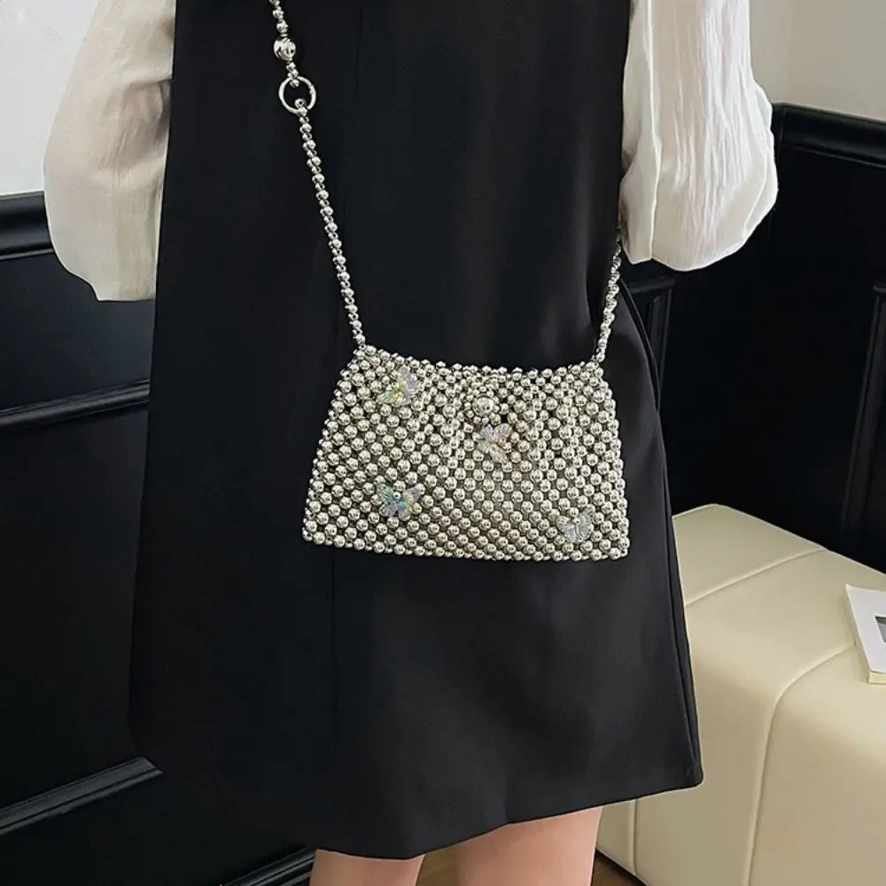 

Элегантная вечерняя сумка-клатч с жемчугом и бусинами, однотонная плетеная сумка через плечо для банкетов и вечеринок