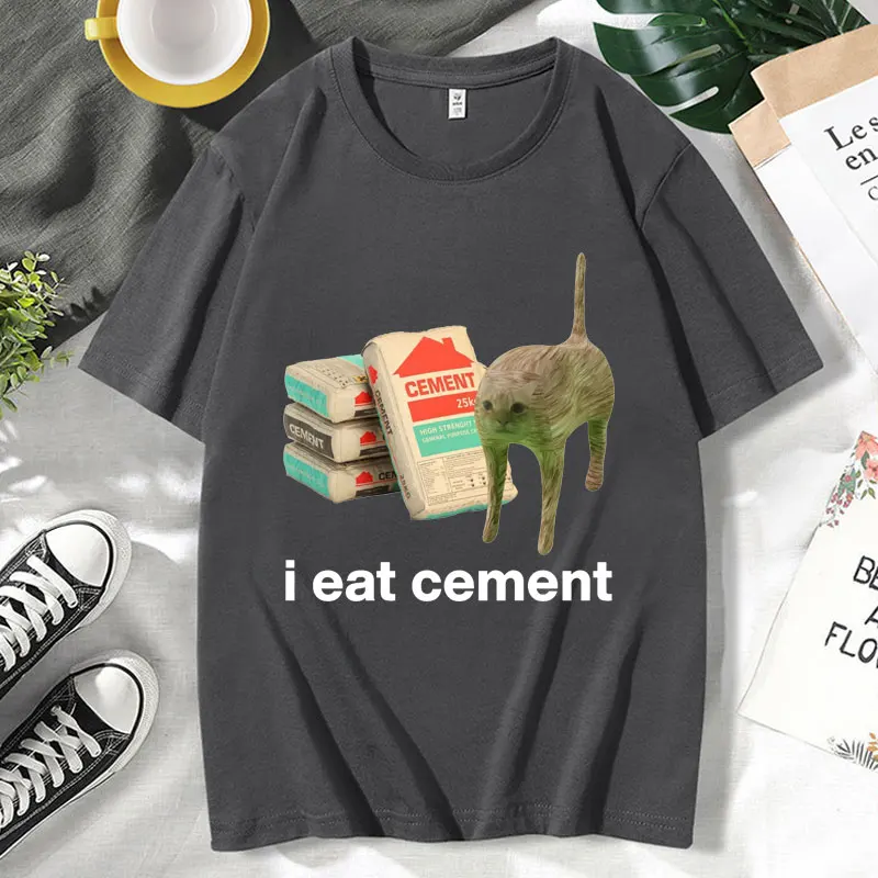 I Eat Cement Cursed Cat Funny Meme T Shirt Men Women Fashion Humor Short Sleeve T Shirts High Quality Cotton T-shirt Tops Unisex