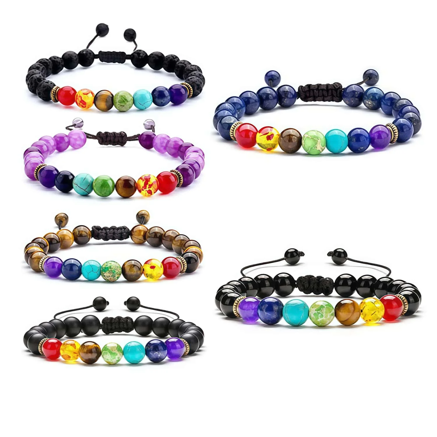 6 Stile Sieben Chakren Naturstein Amethyst Armband für Männer und Frauen Meditationsgeschenk Verstellbares Schmuckarmband
