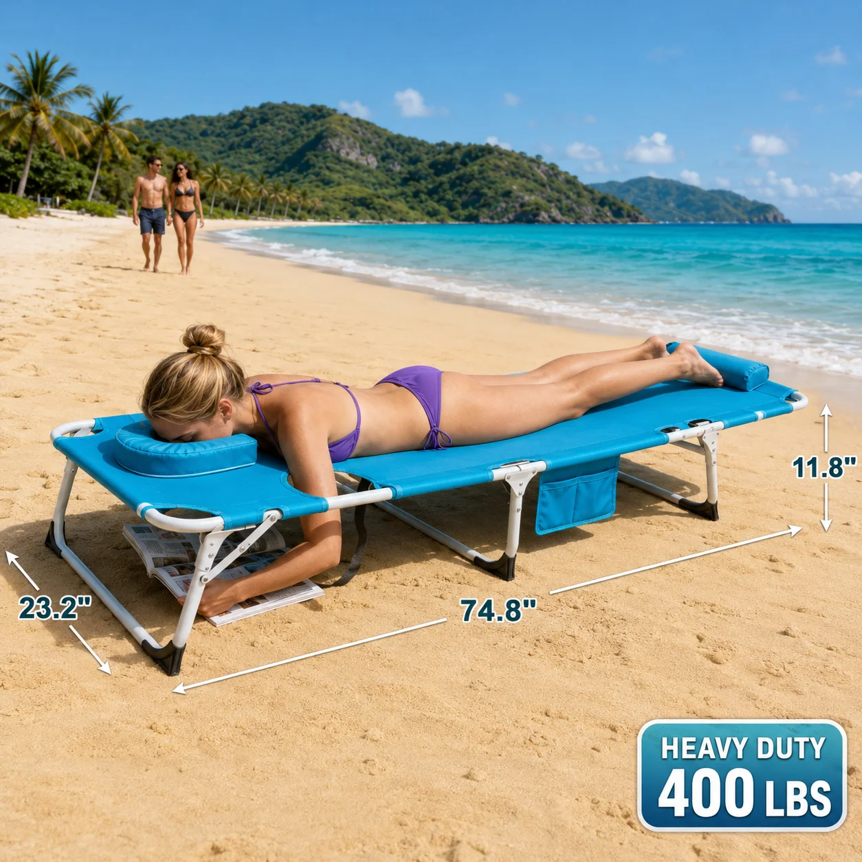 Folding Tanning Chair with Face Hole Outdoor Portable Chaise Lounge Adjustable Heavy Duty Beach Lounge Chair with Pillow Side Pocket for Pool Patio Camping Sunbathing