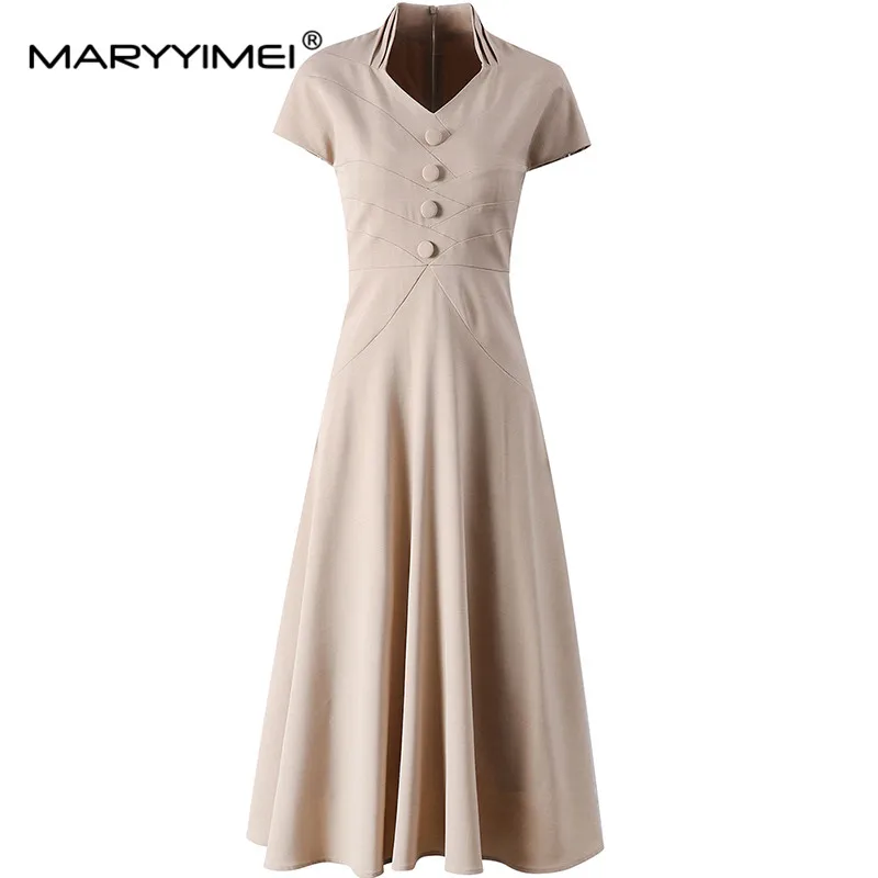 MARYYIMEI Summer New Style Women's Dress V-Neck Raglan Sleeve High waist Button Solid Color Commuter Dresses