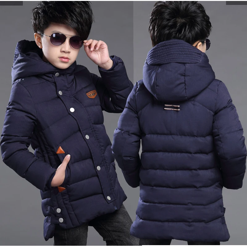 2024 New Winter Keep Warm Teenage Boys Jacket 5-14 Years Long Slim Fit Fashion Hooded Coat For Kids Children Outdoor Windbreaker