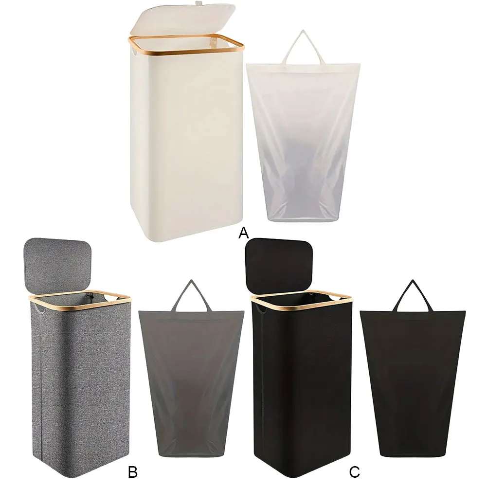 Foldable Laundry Hampers with Lid & Inner Bag Clothes Storage Basket Bamboo Handles Large Laundry Basket for Bathroom