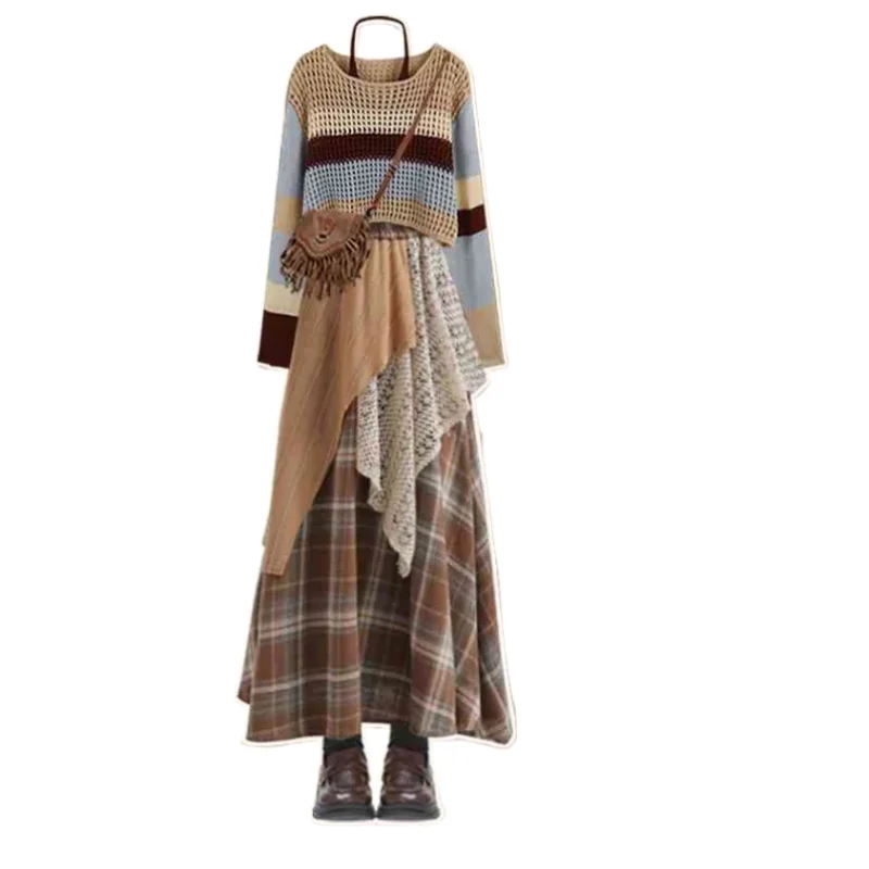 

2025 Весенне-осенние винтажные клетчатые юбки-миди в стиле бохо, вязаные топы в полоску, жилет с лямкой на шее, комплект из 1 или 3 предметов, женские укороченные топы, юбка, наряды