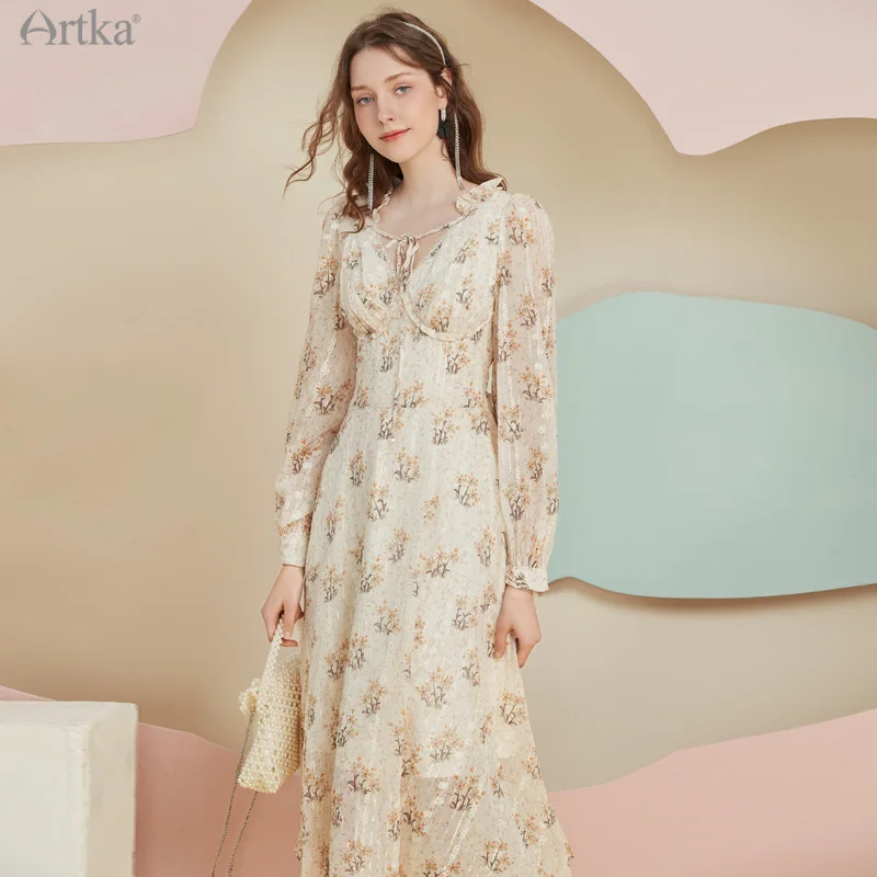 ARTKA 2022 Spring New Women Dress Elegant French Lace Ruffle V-Neck Dresses Long Sleeve Chiffon Floral Midi Dress LA20015Q