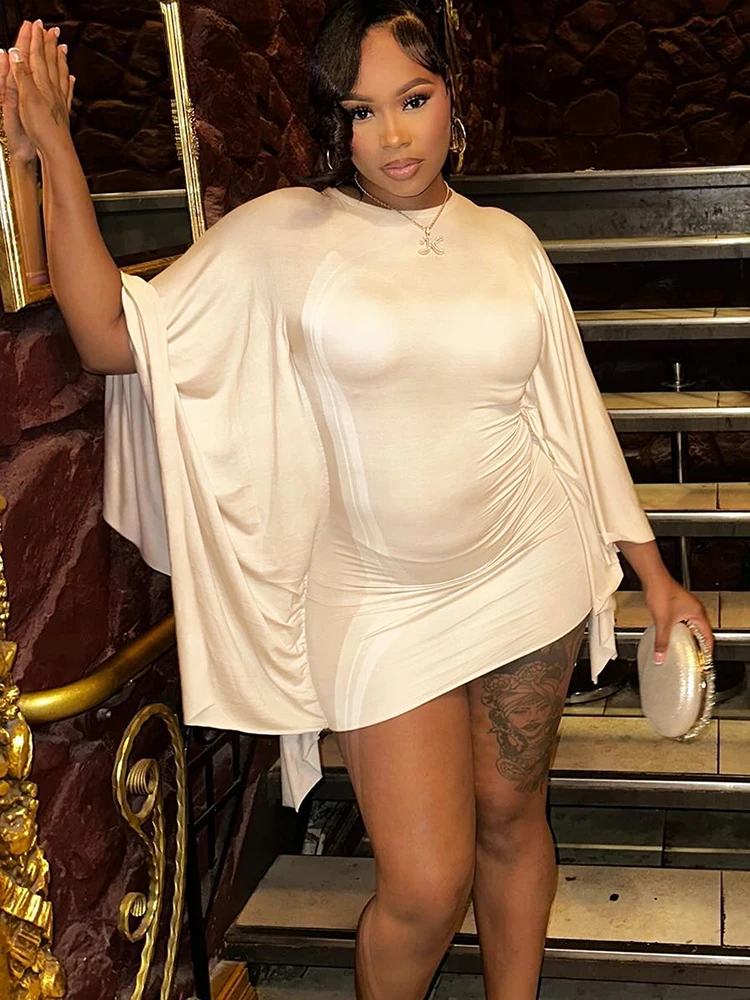 Leosoxs sexy manga morcego vestido feminino básico clássico ruched o pescoço estiramento magro coquette meia-noite festa clube pêssego hip bodycon