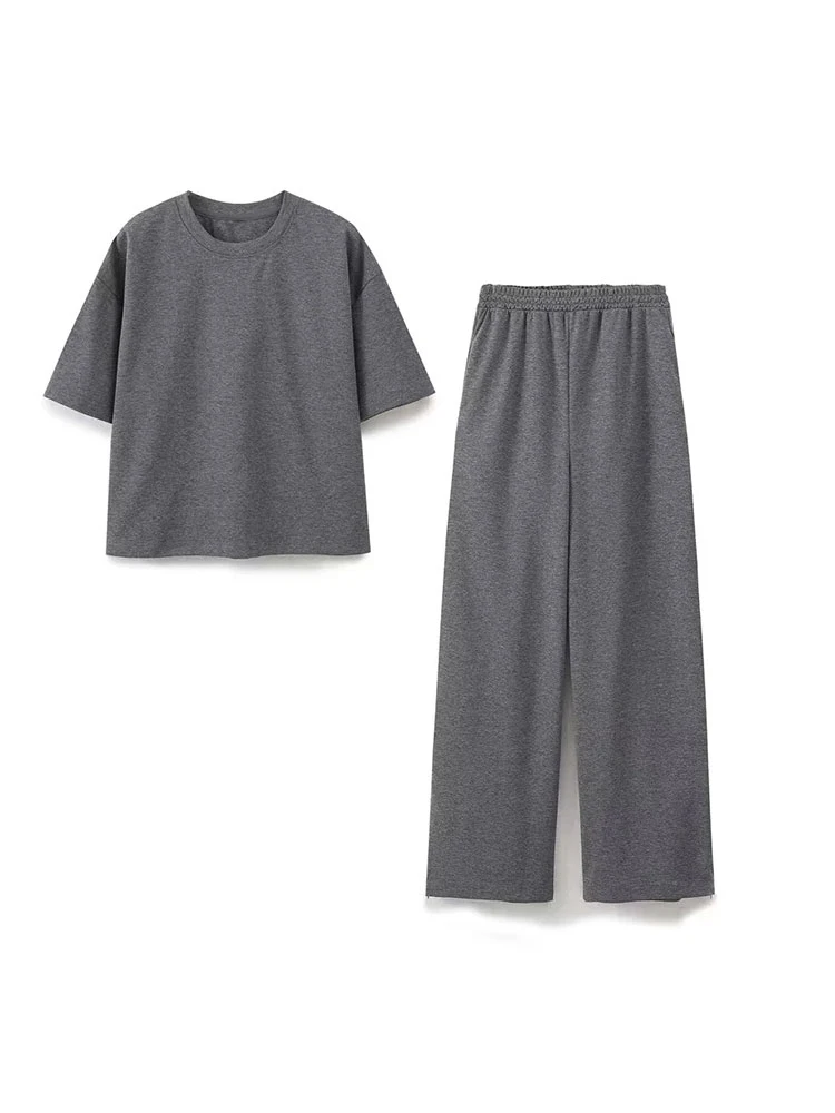 HH Women's Double-sided Fabric T-shirt 2-piece Set Solid Color Round Neck Top + Elastic Waist Women's Side Pocket Loose Pant