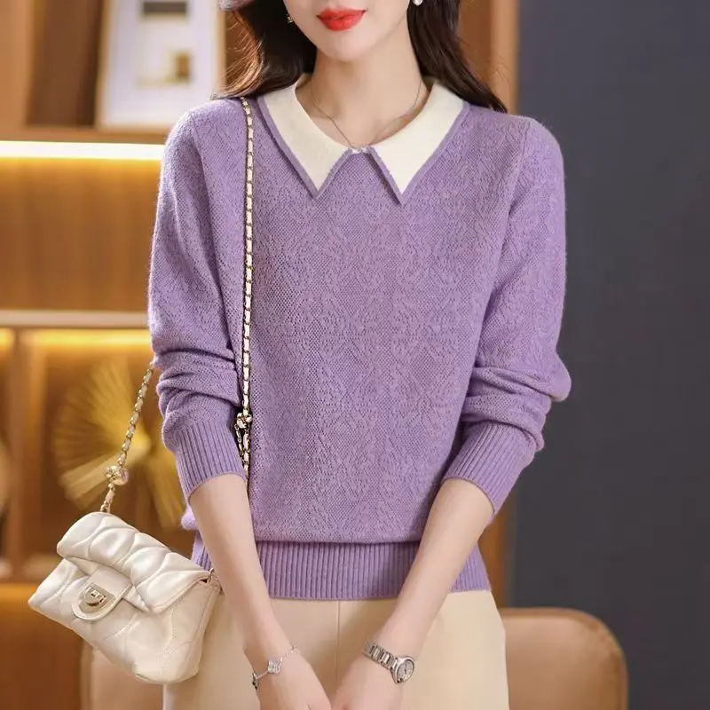 Women Sweater Spring Autumn New Color Matching Lapel  Long-sleeved Knitted Sweater Pullover Winter Bottoming Shirt Female Tops