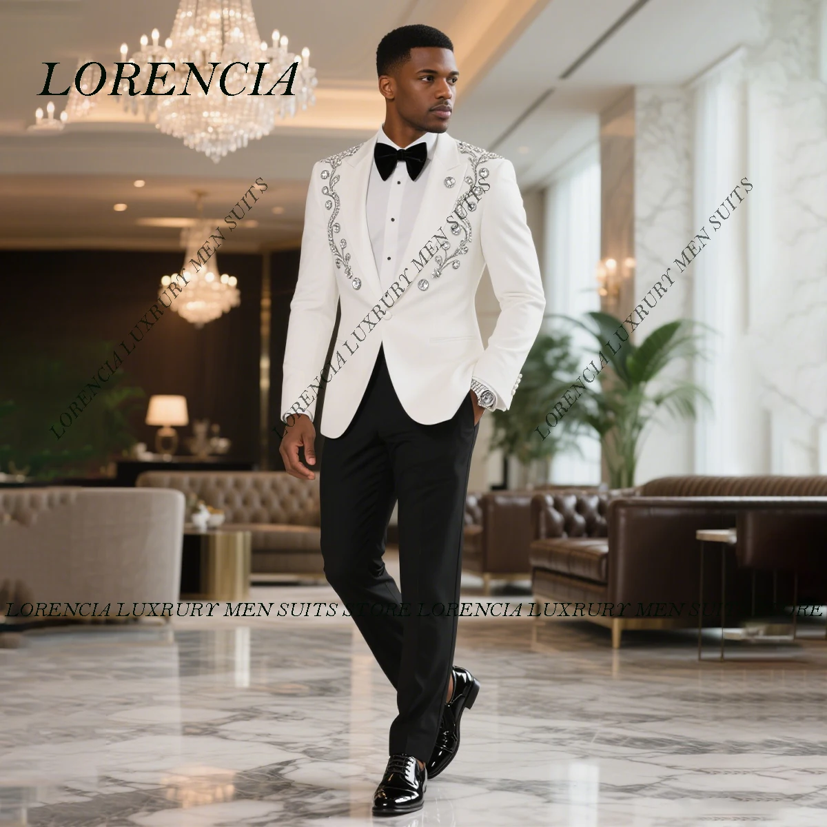 

Customized Luxury Crystals Men Suits Peaked Lapel Wedding Tuxedos Slim Rhinestones Ropa hombre 2 Pieces Sets Groom Male Blazer