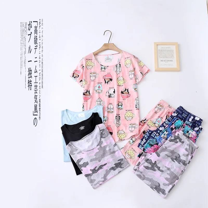 2026 Summer Women's Loungerwear Set Cotton Short Sleeves Capripants Soft Home Wear Breathable Nightwear Plus Size Pajamas