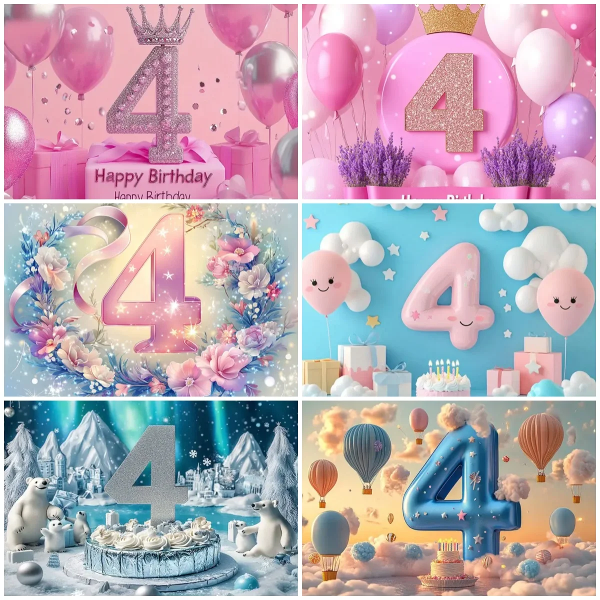 

4th Birthday Party Decorations Pink Crown Gold Glitter Balloon Background Children's Anniversary Supplies Photography Props Gift