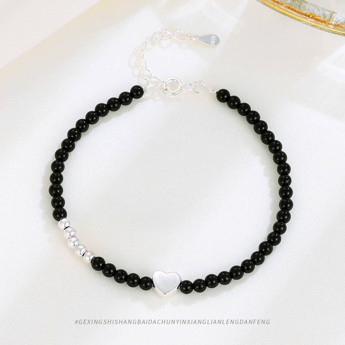 Fashionable s925 Sterling Silver Heart-shaped Black Agate Bracelet for Women, Perfect Accessory for Outfits