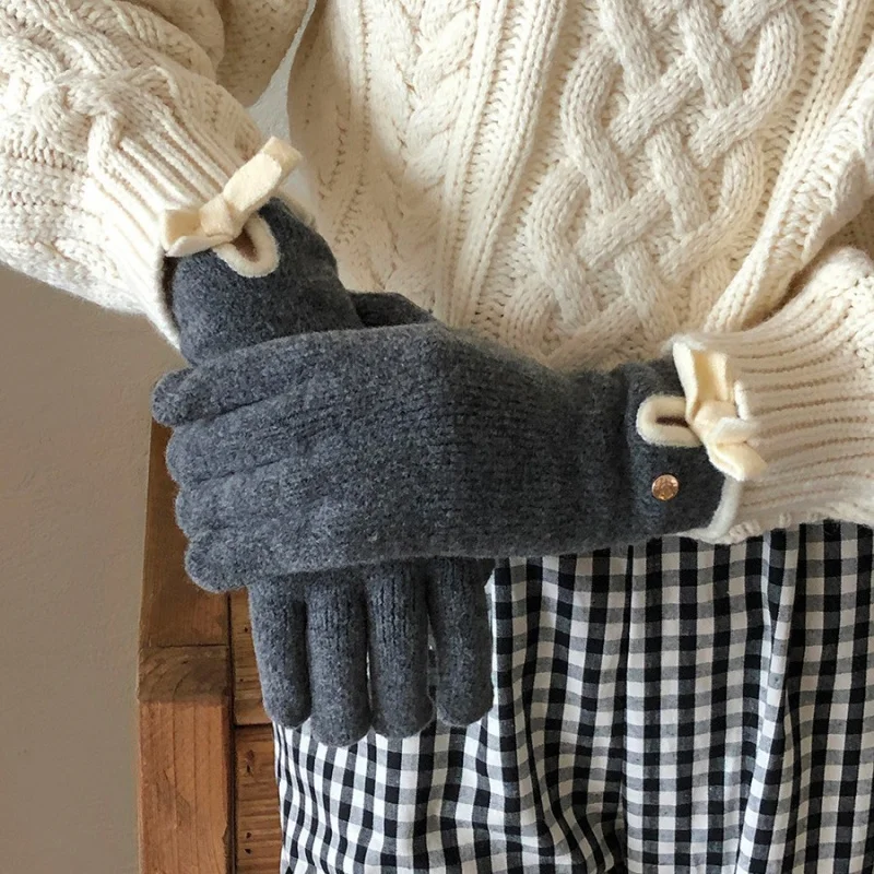 Guantes de Corea del Sur para mujer, guantes de lana con lazo para invierno, resistentes al frío, cálidos, con pantalla táctil, para montar en estudiantes