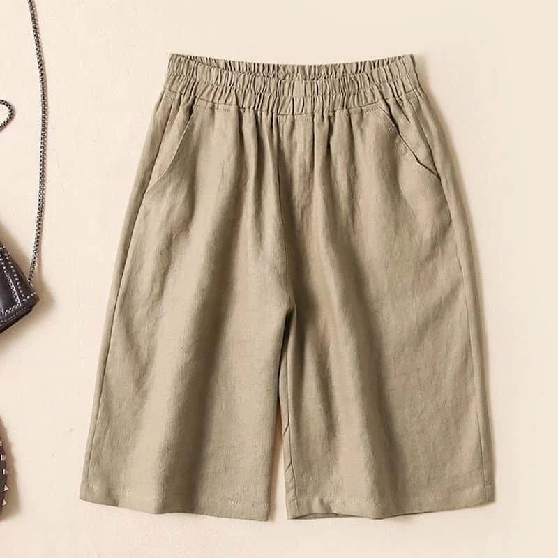 Solid Shorts Women Summer Casual Cotton Linen Straight Short Pants Korean Style Elastic Waist Five-point Trousers Women Clothing