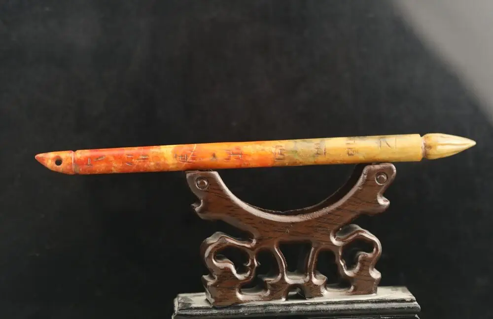 Old natural jade hand-carved statue of ancient words writing brush hairpin