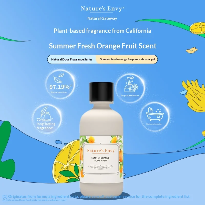 Nature's Envy Summer Orange Body Wash 50ml Fresh Citrus Scent Moisturizing Shower Gel Plant Extracts Long Lasting Fragrance