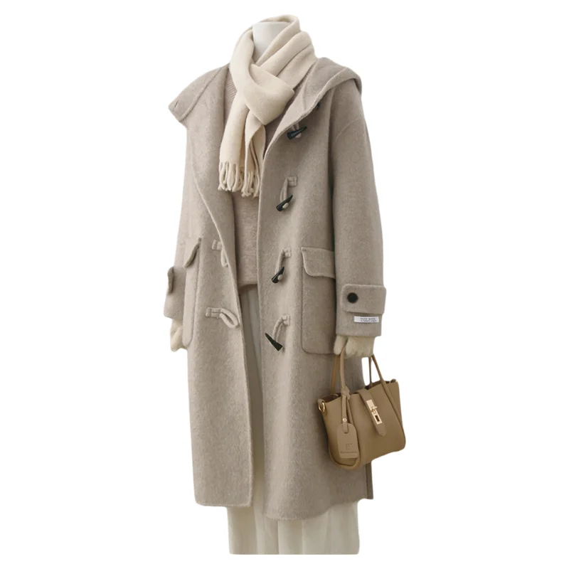

Women's Beige Hooded Long Wool Coat Double-Sided Duffle Coatwth Toggle Buttons Oversized Winter Warm Outerwear Elegant Style