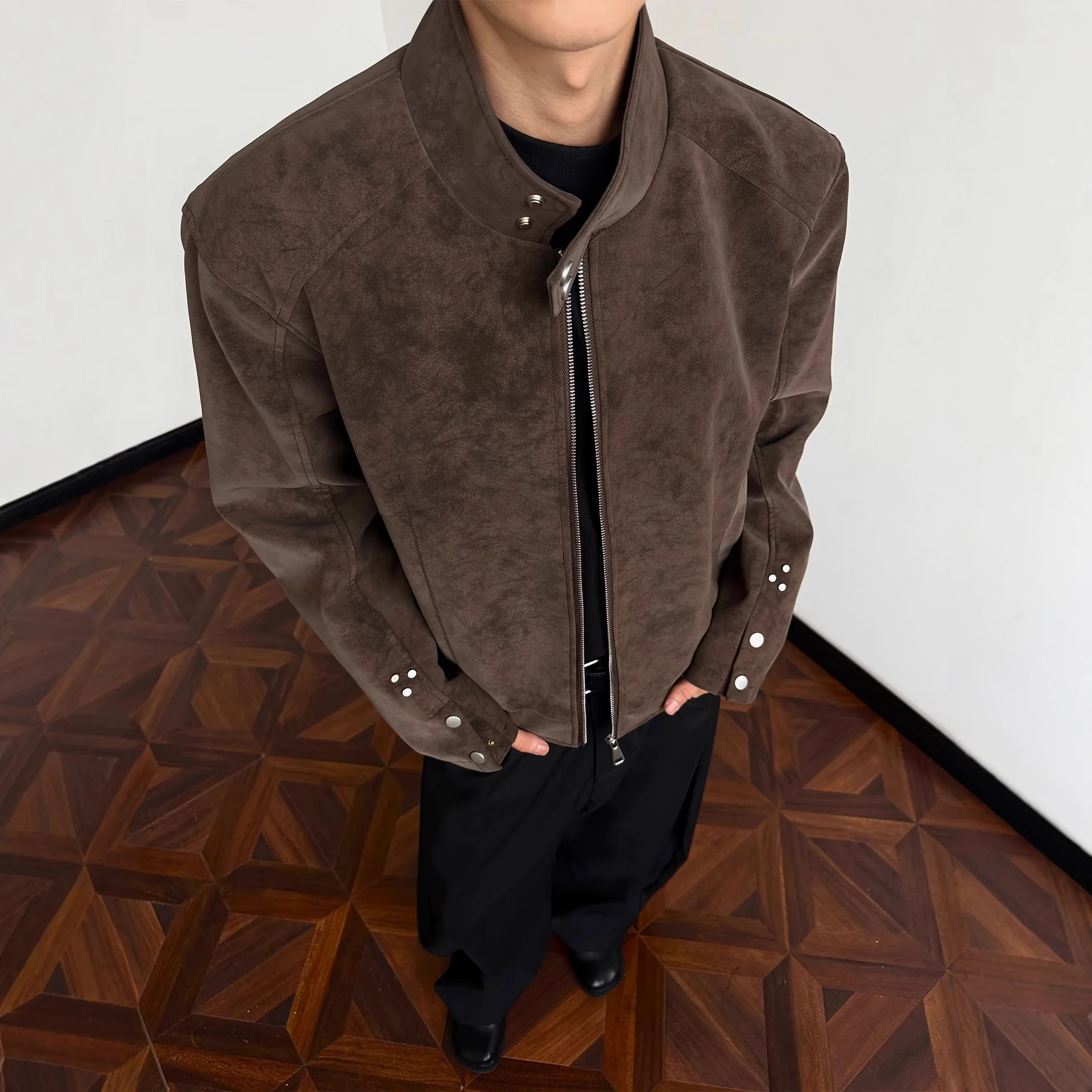 

Man Short Jacket 2025 Autumn Motorcycle Jacket Retro Suede Jacket Unisex Oversized Couples' Camel Tone Streetwear Coat