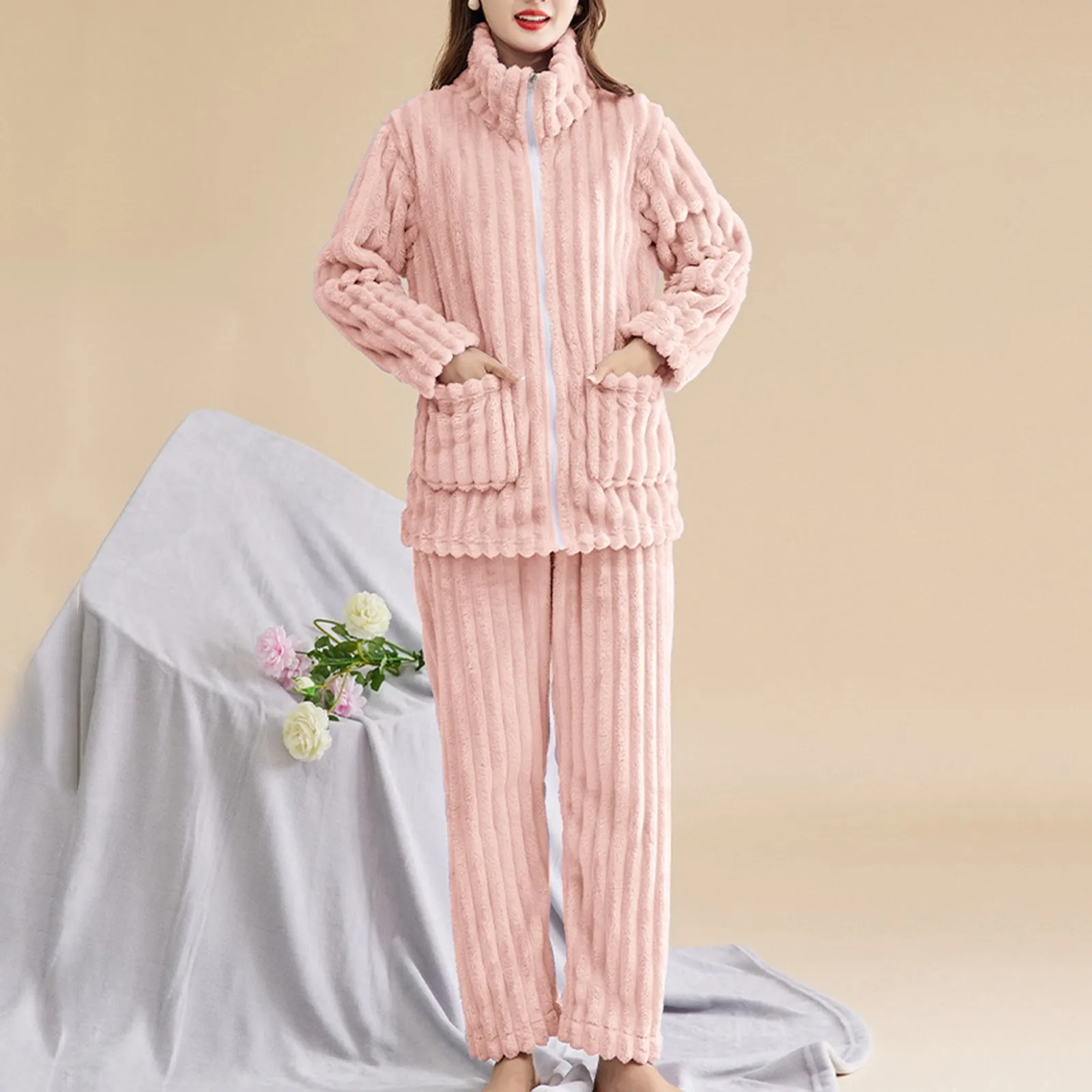 Thicken Warm Oversize Pajama Sets Women Fuzzy Warm Long Sleeve Sleepwear Suit Plush Lounge Wear Pockets Thermal Nightwear 2024