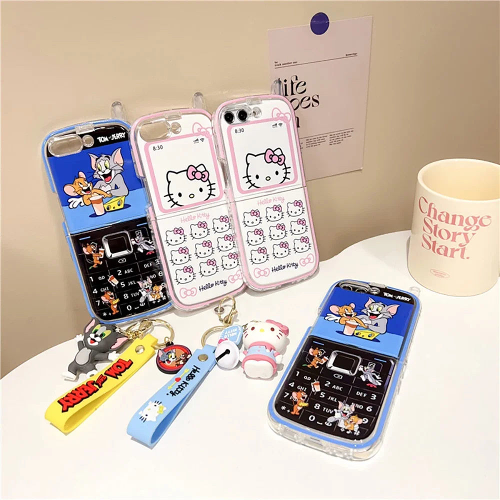 Cartoon Tom Jerry Hello Kitty with Pendant Phone Case for Samsung Galaxy Z Flip 3 4 Z Flip 5 6 5G PC Hard Anti-drop Back Cover