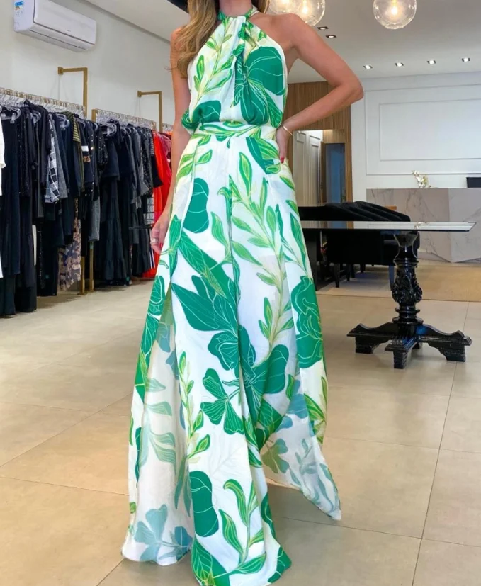 

Women's Two-Piece Set Simple Commuting 2 Pieces Outfit Plants Print Halter Sleeveless Tank and Casual Slit Wide Leg Pants Set