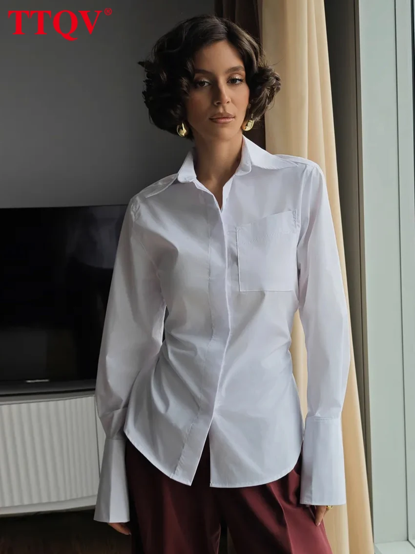 

TTQV Fashion Loose White Office Women's Shirt Casual Lapel Long Sleeve Blouse Elegant Classic Solid Tops Female Clothing