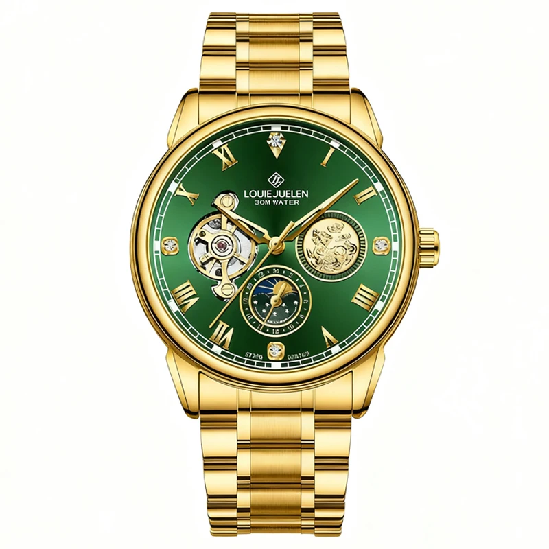 

Мужские механические часы, роскошные водонепроницаемые светящиеся часы из нержавеющей стали с фазой Луны, автоматические наручные часы с турбийоном и поворотным заводом Reloj