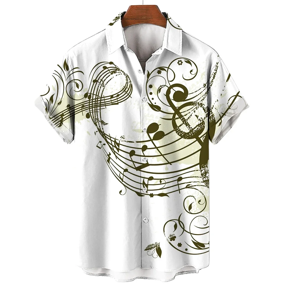 New Men\'s Shirt 2024 Summer Fashion Hawaiian Shirt Short Sleeve Lapel Top Music Symbol Pattern Print Shirt Oversized Man Clothes