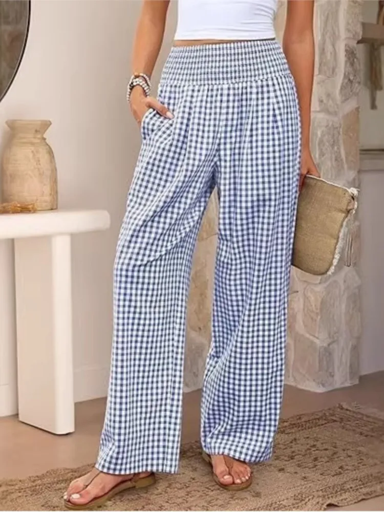 Women's Clothing Long Pants Plaid Printed Contrast Loose Wide-leg Trousers Casual Simple Style Temperament All-match Comfortable