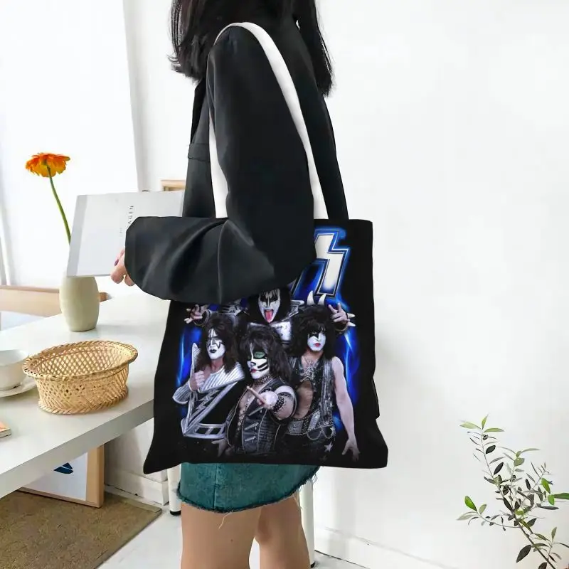 Bolso de lona personalizado para mujer, bolsa lavable con estampado de música, banda de Rock, beso, compras, comestibles, demonio, Thriller, Rock