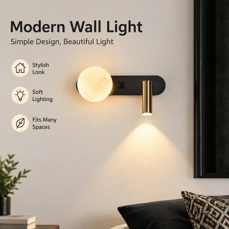 Wall Sconce Minimalist Rotatable Reading Bedside Spotlight, Metallic LED Hotel Bedroom Background Light for Modern Decor Fixture