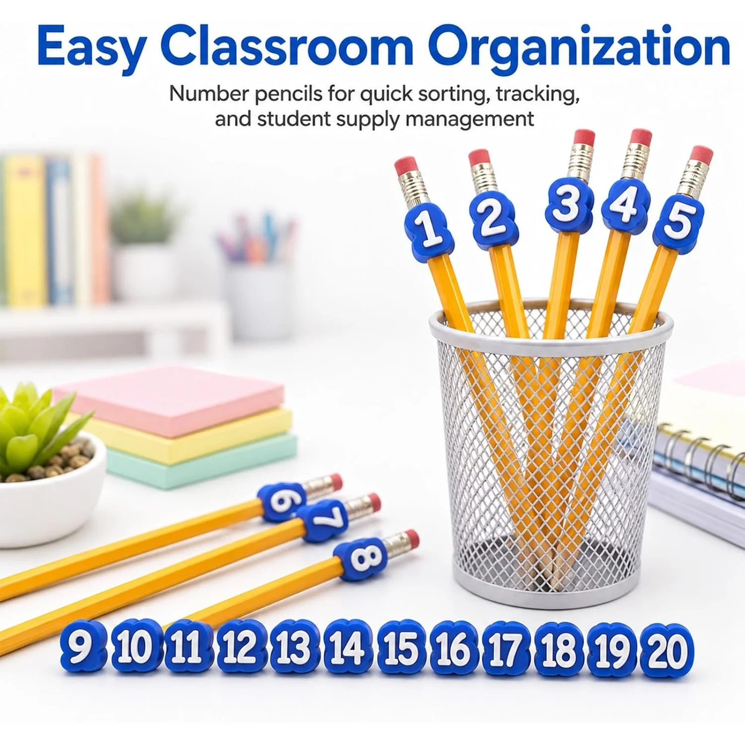 30Pcs 1‑30 Numbered Pencil Cap Covers, Reusable Classroom Pencil Labels for School Stationery Organization
