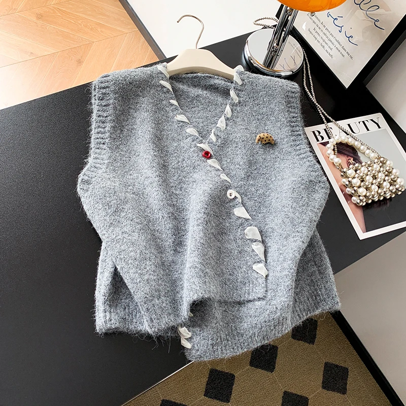 

Вязаный открытый кардиган ручной работы, топ с плечами, женский осенне-зимний универсальный многослойный жилет, шерстяной свитер асимметричного дизайна