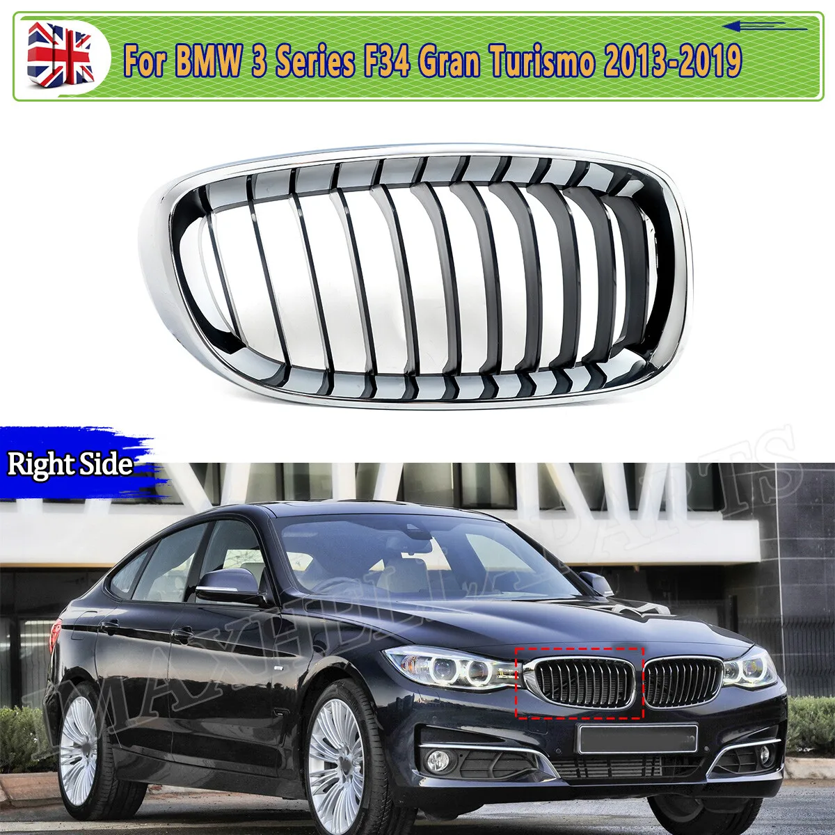 

ХРОМИРОВАННЫЙ ЧЕРНЫЙ ПЕРЕДНИЙ ГРИЛ KIDNEY ДЛЯ BMW 3 SERIES F34 318d 320i 330i 340i 2013-2019 GT GRAN TURISMO Передняя правая решетка радиатора
