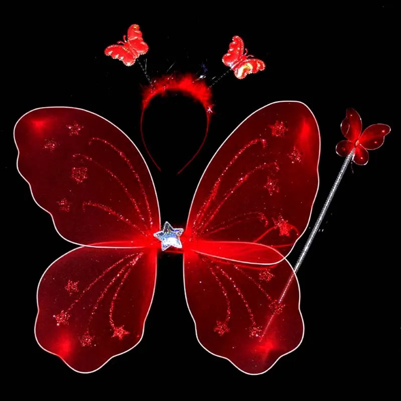 3Pcs/Set Toddler Girl Fairy Princess Costume Shiny Butterfly Wings with Wand & Headband Set Halloween Party Supplies Photo Props