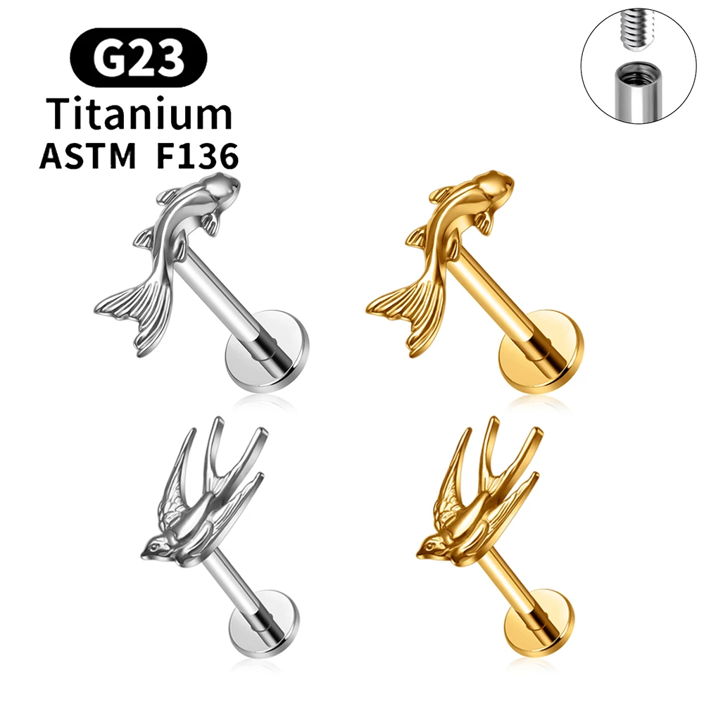 ASTM F136 Titanium Koi Fish Swallow Cartilage Earring Flat Back Stud 16G Internal Thread Tragus Conch Helix Ear Piercing Jewelry