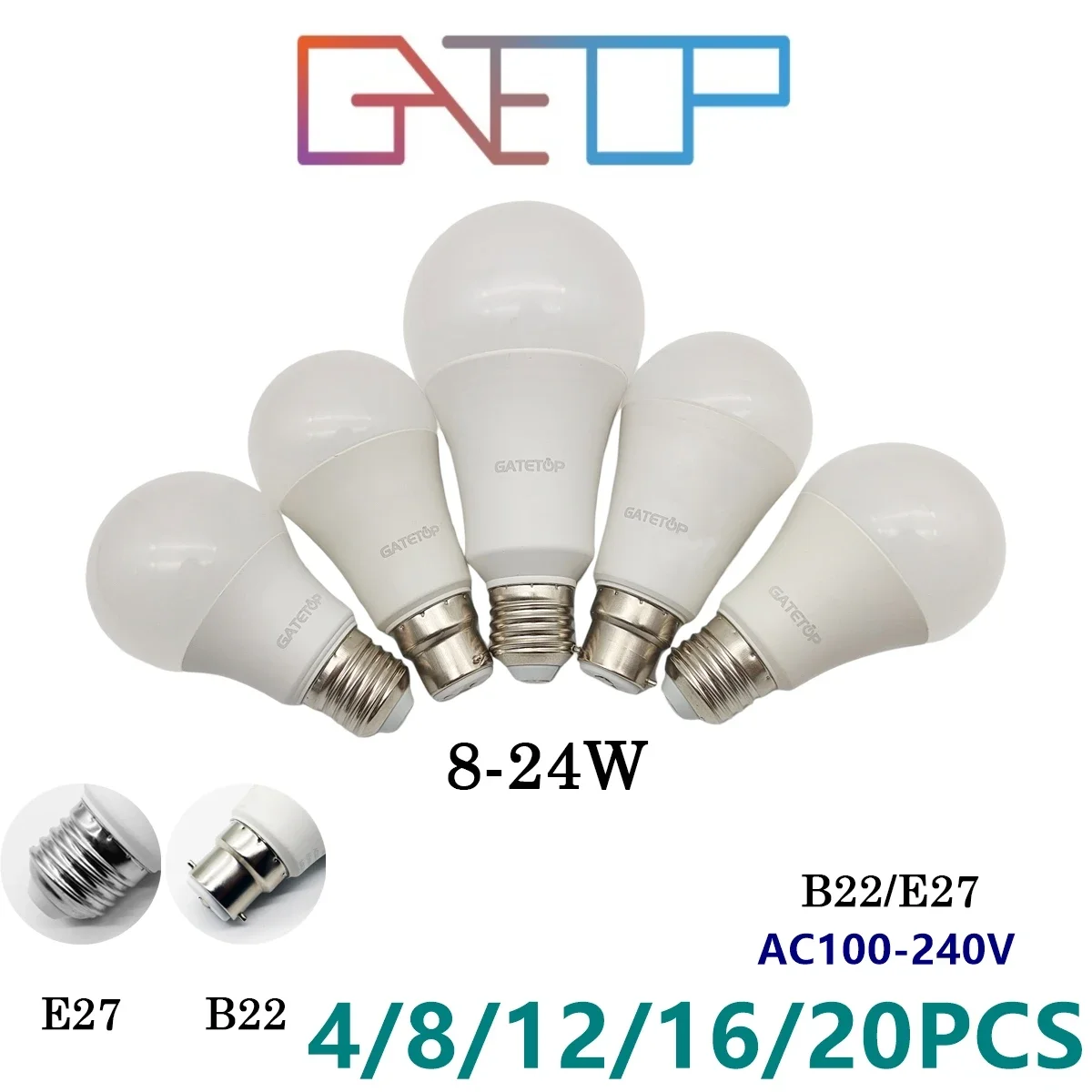 

4-20PCS AC110V AC220V Led energy conservation Bulb Lamps E27 B22 Light Real Power 8W-24W No strobe warm white light