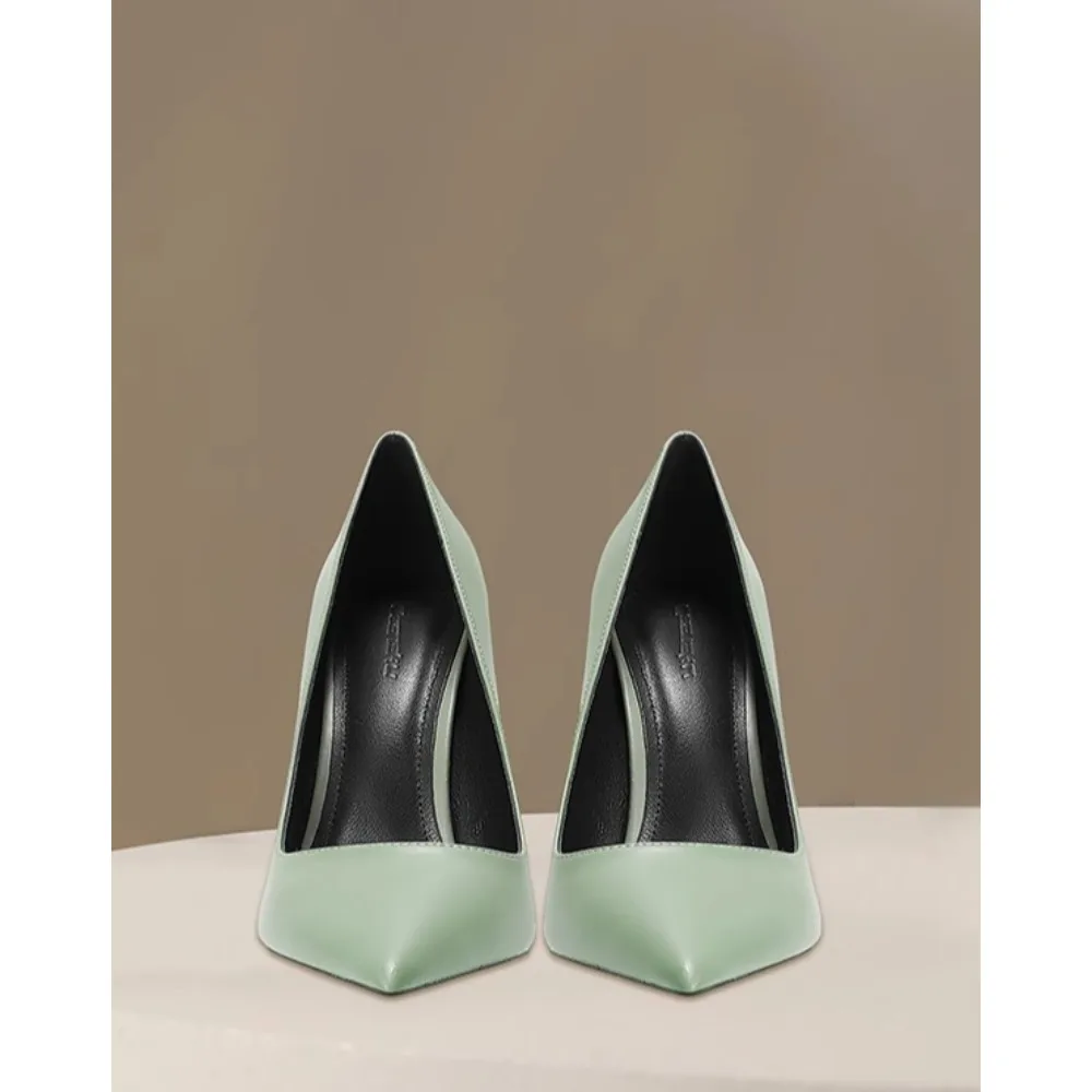 أحذية نسائية جديدة لعام 2025 بكعب عالٍ باللون الأخضر الداكن بمقدمة مدببة أحذية نسائية من الجلد الطبيعي بكعب ستيليتو #4