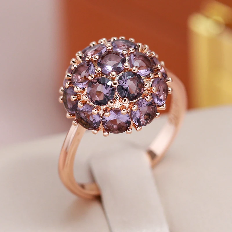 JULYDREAM Full Paved Round Purple Zircon Luxury Ball Rings 585 Gold Color Women Elegant Match Jewelry Party Finger Accessories