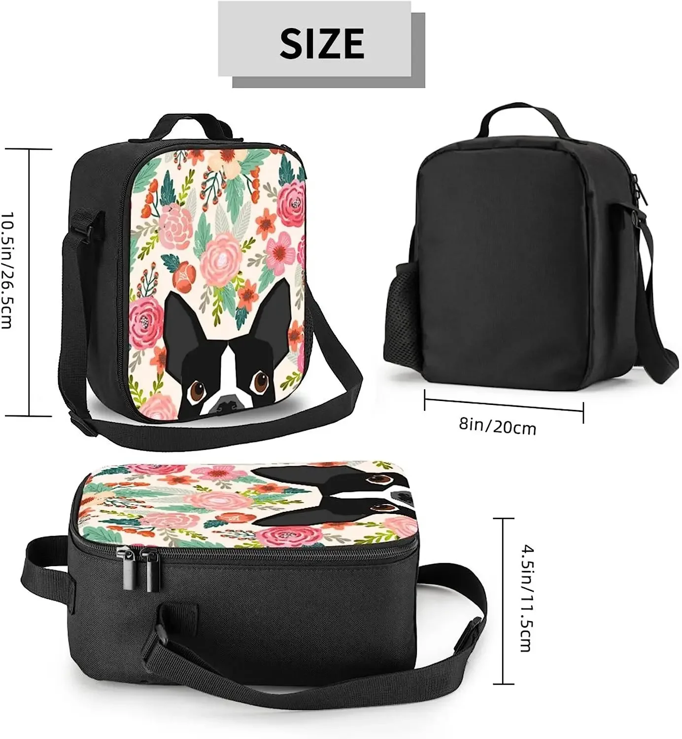 Cute Boston Terrier Flowers Lunch Bag Cute Dog Portable Insulated Lunch Box Thermal Bento Tote for School Work Travel Picnic