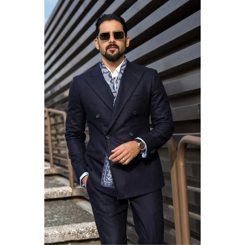 

Formal Peak Lapel Double Breasted Navy Blue Men Suits Business Casual Wedding Tuxedo 2 Piece Male Suit Slim Fit Blazer Pants